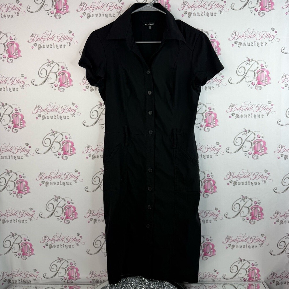 Le Chateau dress button up preppy Y2K  buttons Black Midi Dress